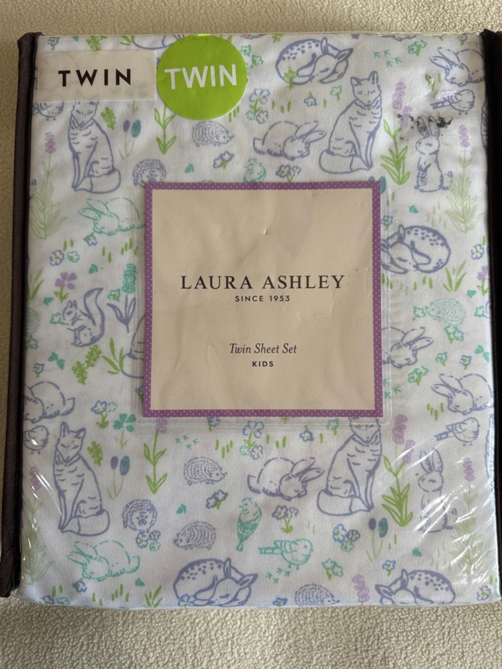 Laura Ashley Twin Sheet Set - White with Blue, Green, Purple Animal Print - Picture 3 of 7